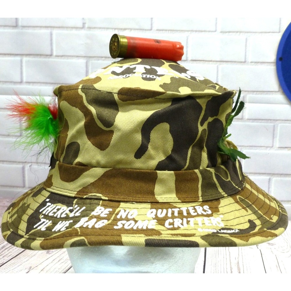 Camo Bucket Hat Compass Feather & Shotgun‎ Shell Accents Hunters Novelty L Size